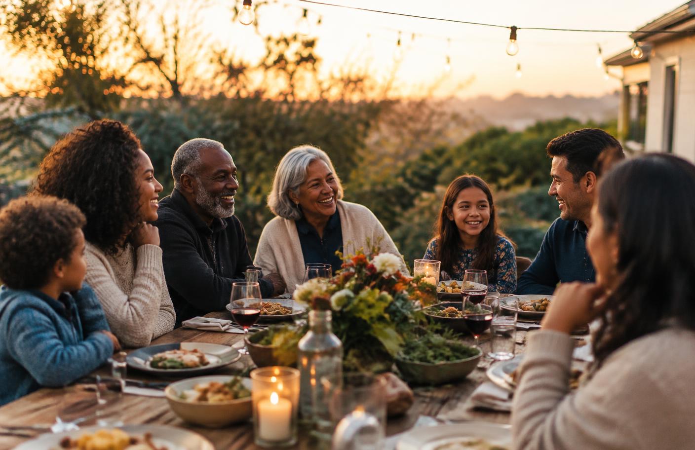 A multigenerational family sharing stories around an outdoor table at sunset