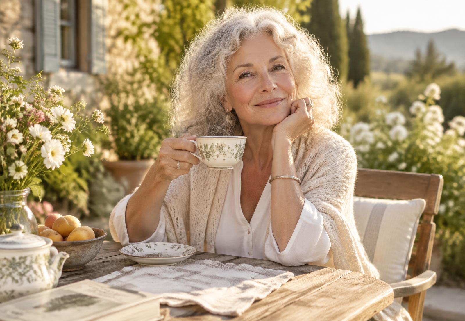 A woman with silver hair smiling peacefully over tea in a sunlit garden